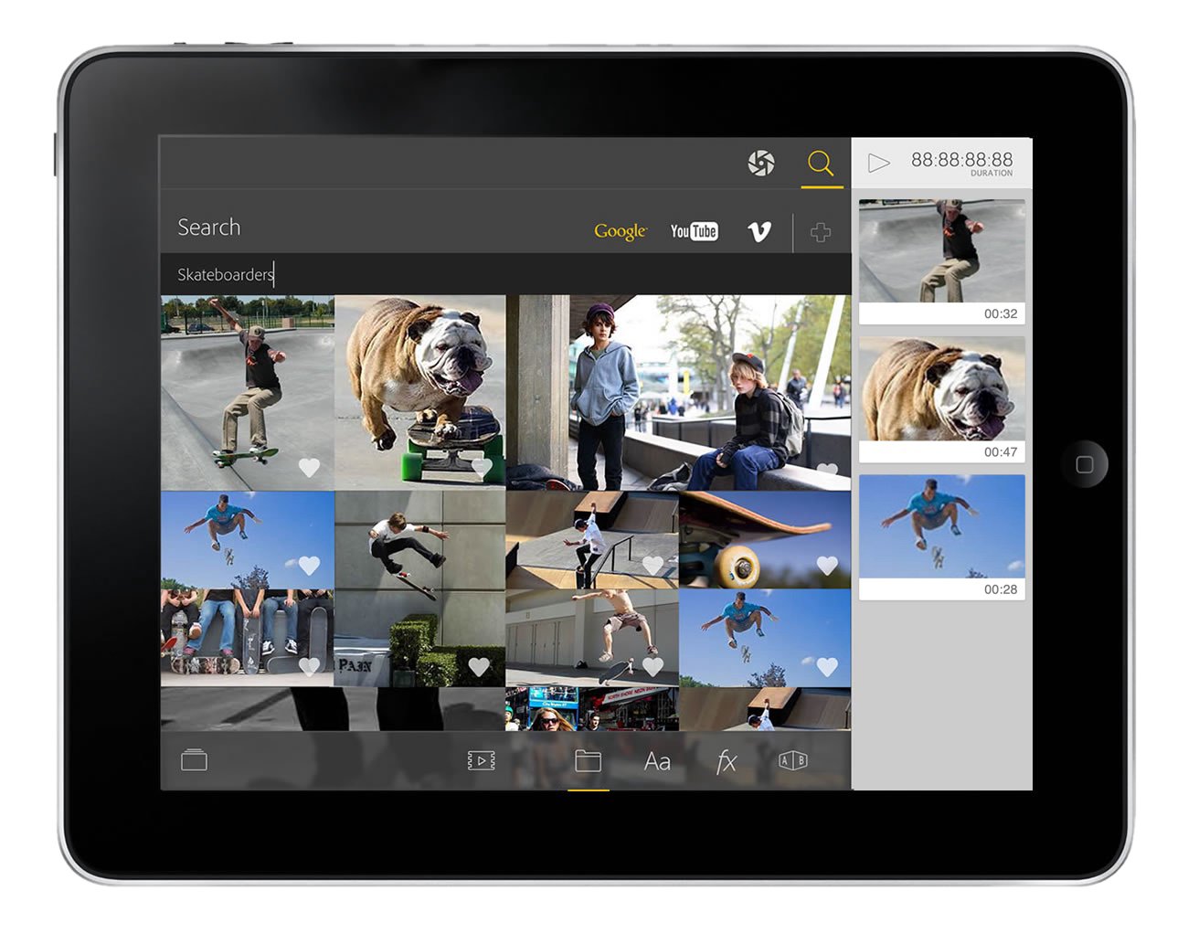 Adobe tablet app — searching Google, YouTube, and Vimeo for footage, with results ready to drop into the timeline