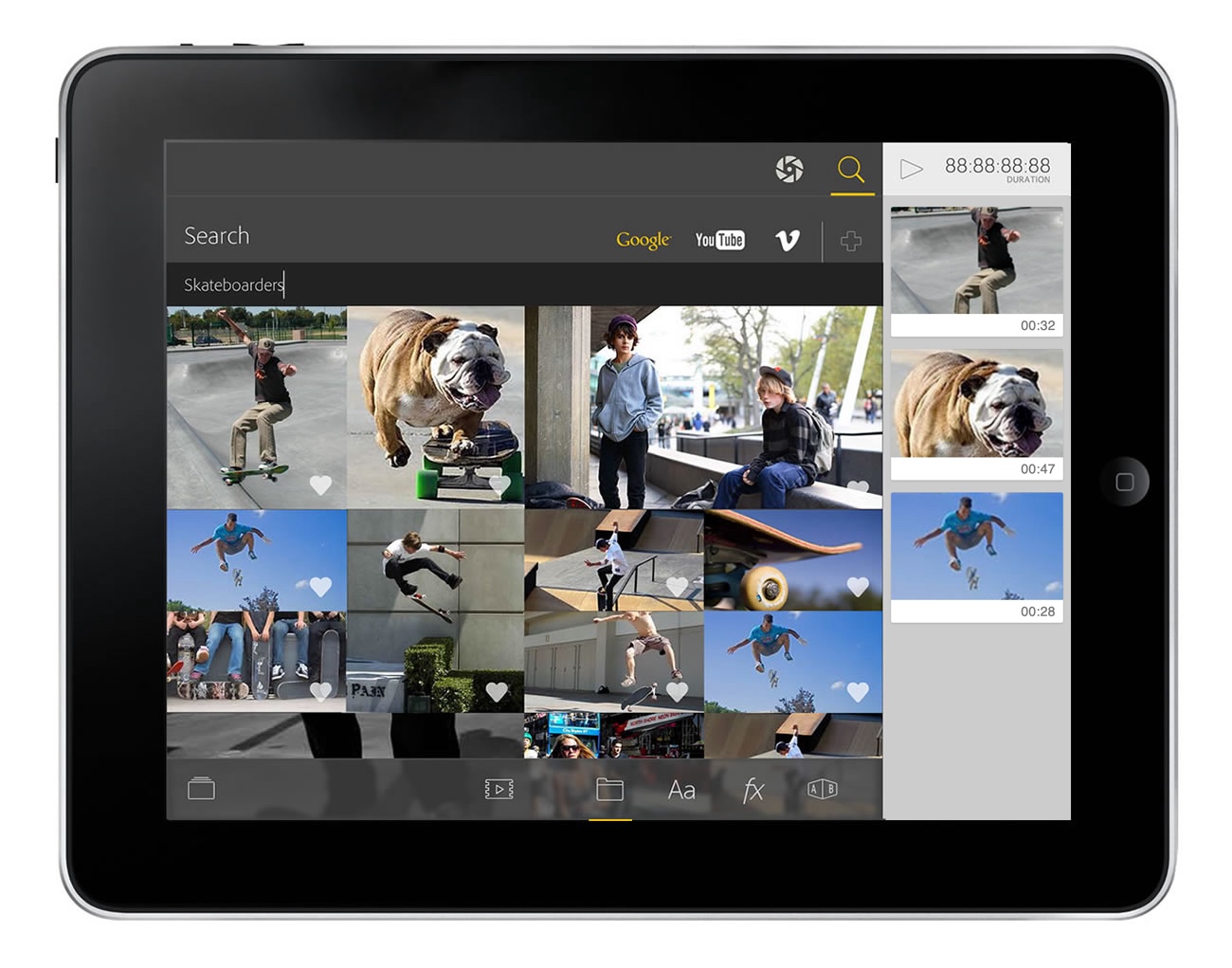 Adobe tablet app — the Search view finding footage across Google, YouTube, and Vimeo (searching 'Skateboarders') to drop straight into the timeline