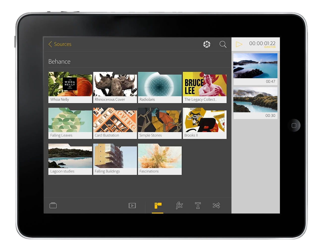 Adobe tablet app — the dashboard: browse source clips and Behance projects, with selected clips lined up in the right-hand rail