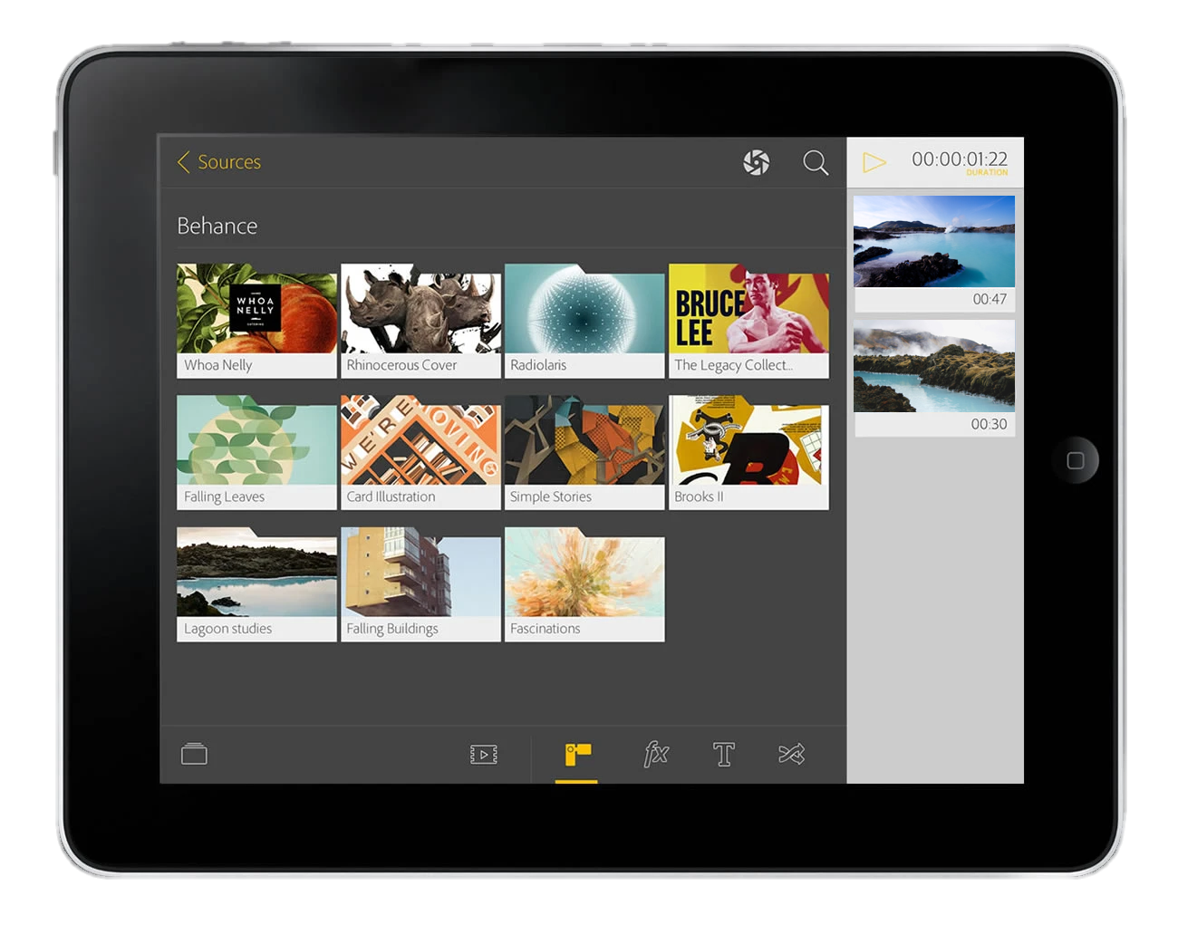Adobe tablet app — the Sources view browsing Behance projects, with a clip timeline and duration on the right