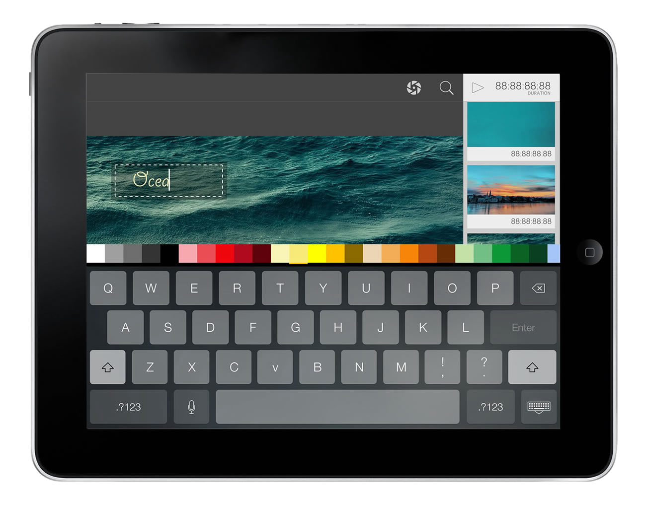 Adobe tablet app — placing a title on a video: type on the on-screen keyboard, pick a color from the palette, and drop the text onto the frame
