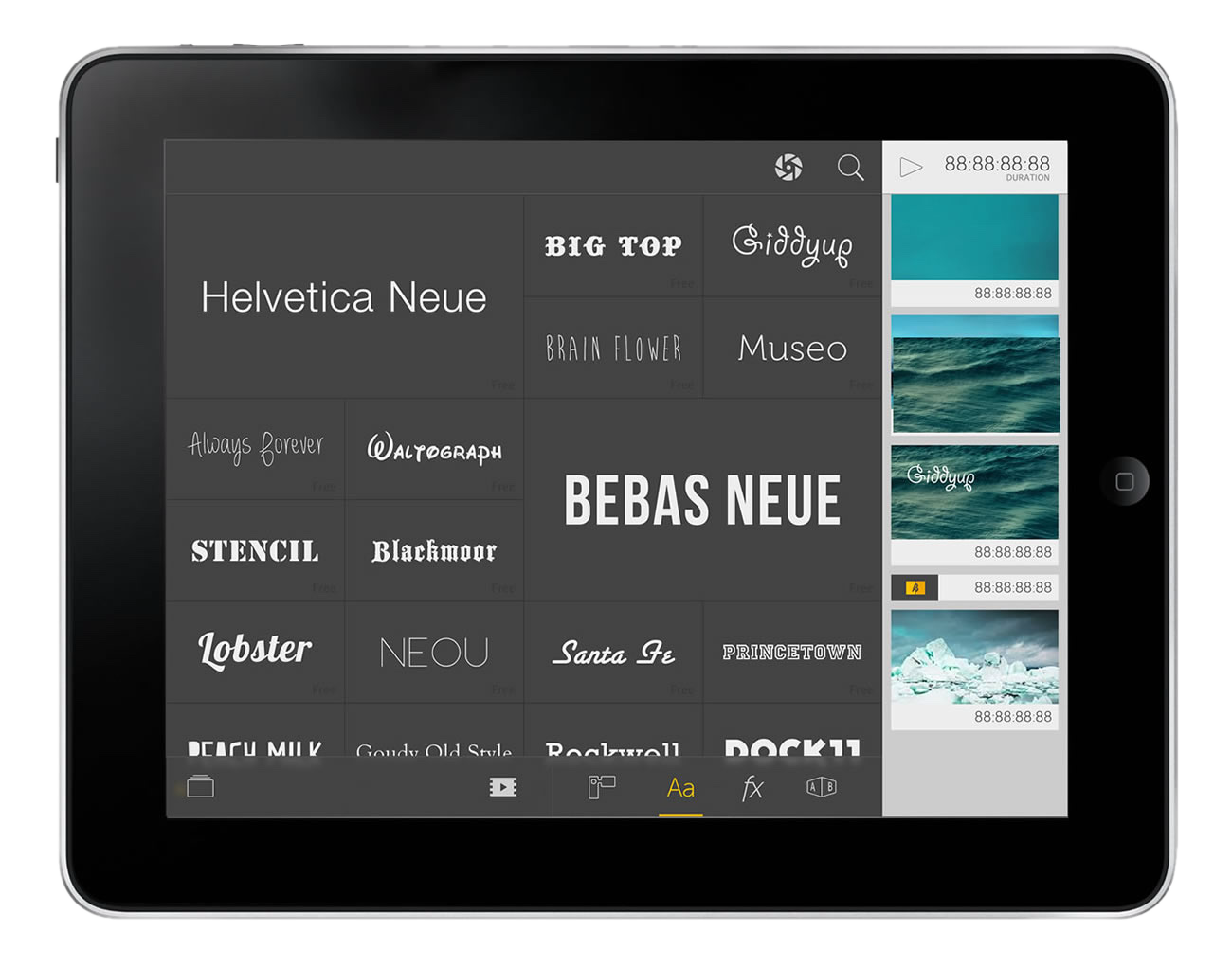 Adobe tablet app — the typeface picker: a tactile grid of fonts (Helvetica Neue, Bebas Neue, Lobster and more) you tap to apply to a clip