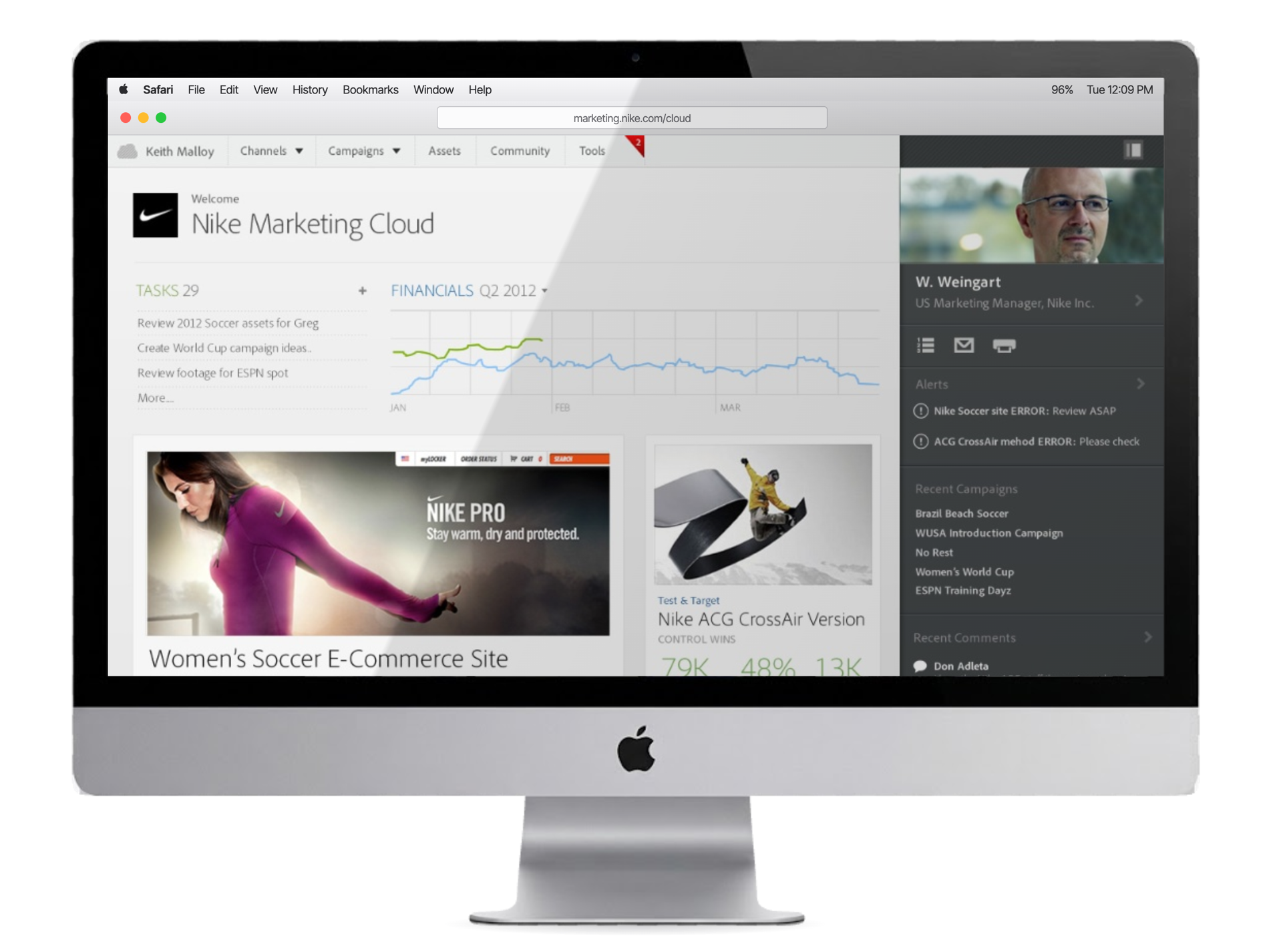 Adobe Marketing Cloud — the Nike Marketing Cloud dashboard on an iMac: channels, campaigns, tasks, financials, alerts, and recent campaigns unified in one view