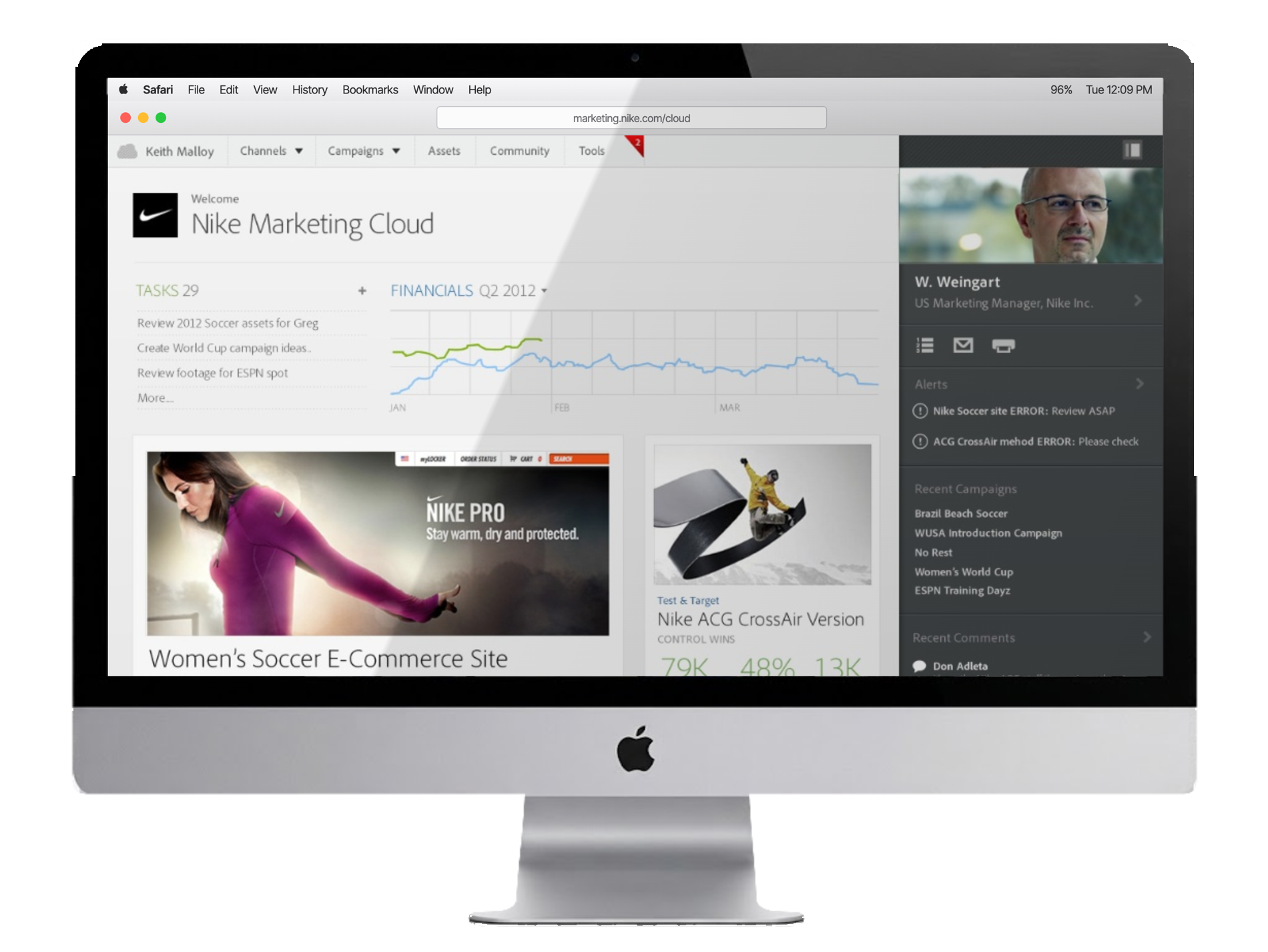 Adobe Marketing Cloud — the Nike Marketing Cloud dashboard on an iMac: channels, campaigns, tasks, financials, alerts, and recent campaigns unified in one view