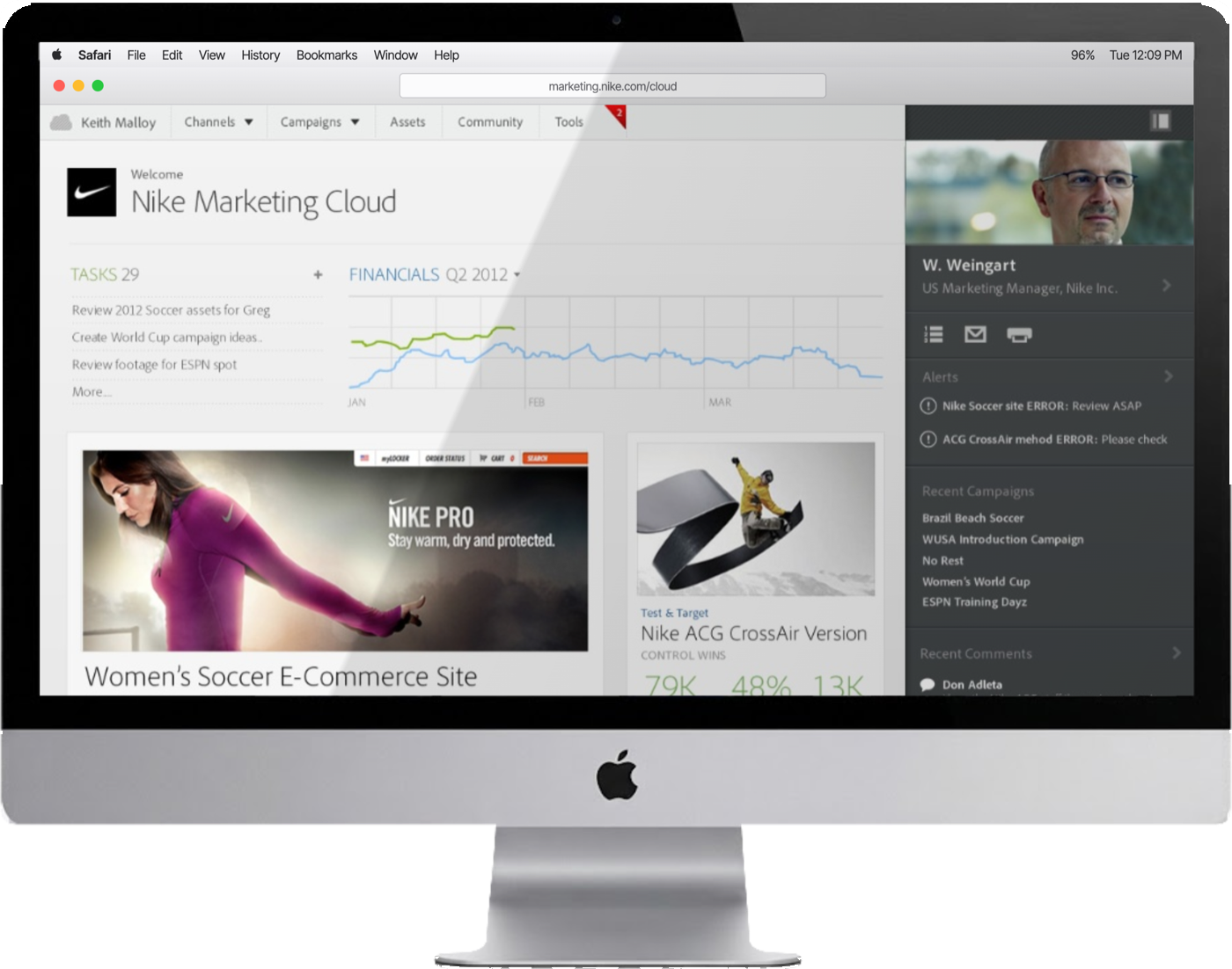 Adobe Marketing Cloud — the Nike Marketing Cloud dashboard on an iMac