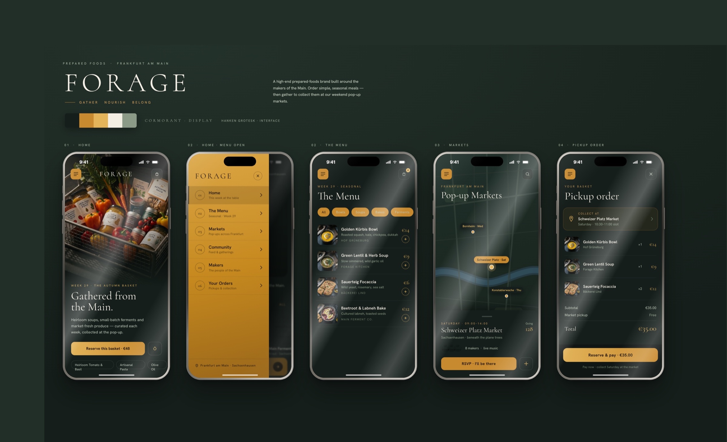 Forage — brand system and mobile app screens: home, menu, pop-up markets, and pickup order