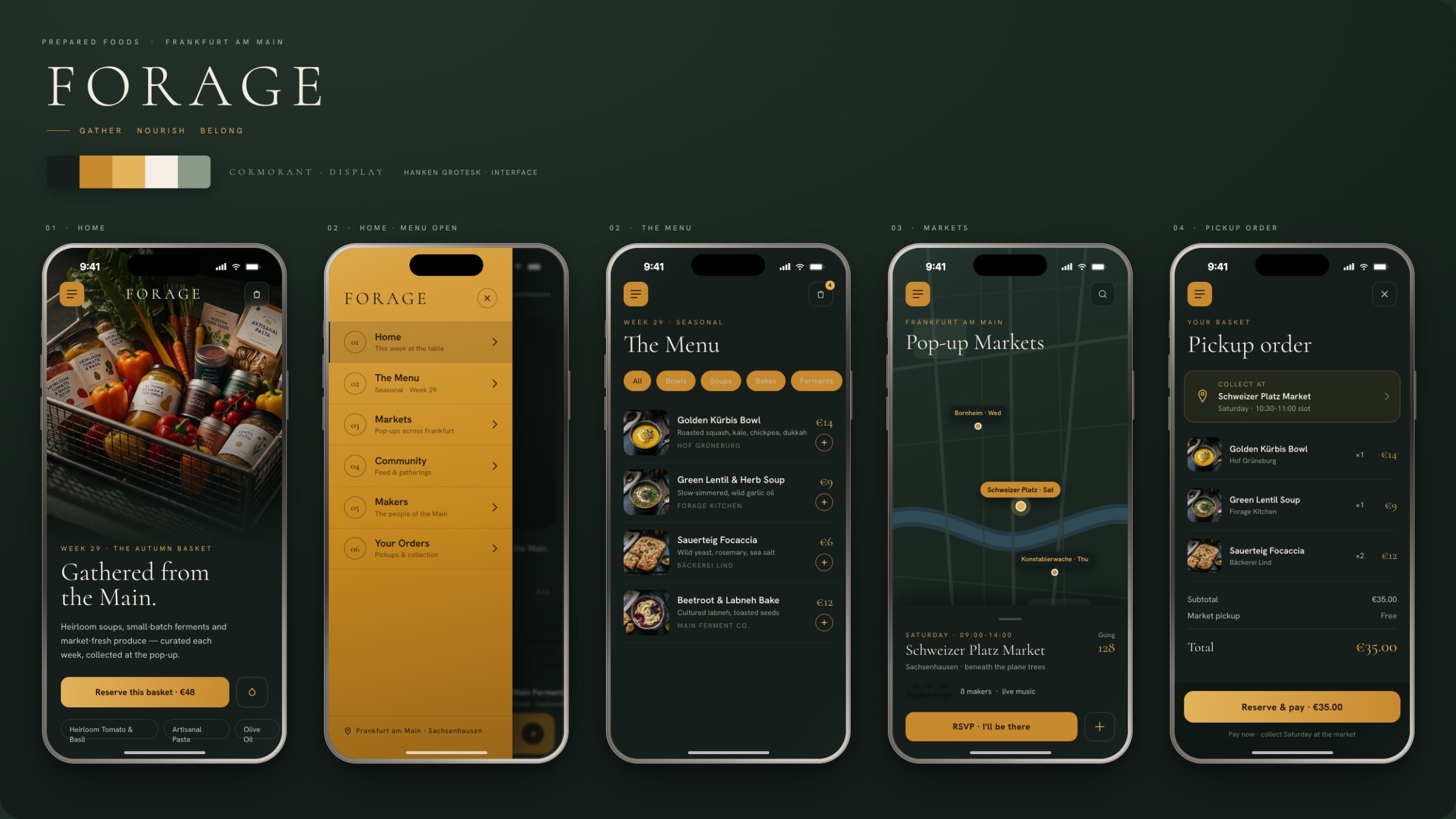 Forage — brand system and mobile app screens: home, menu, pop-up markets, and pickup order