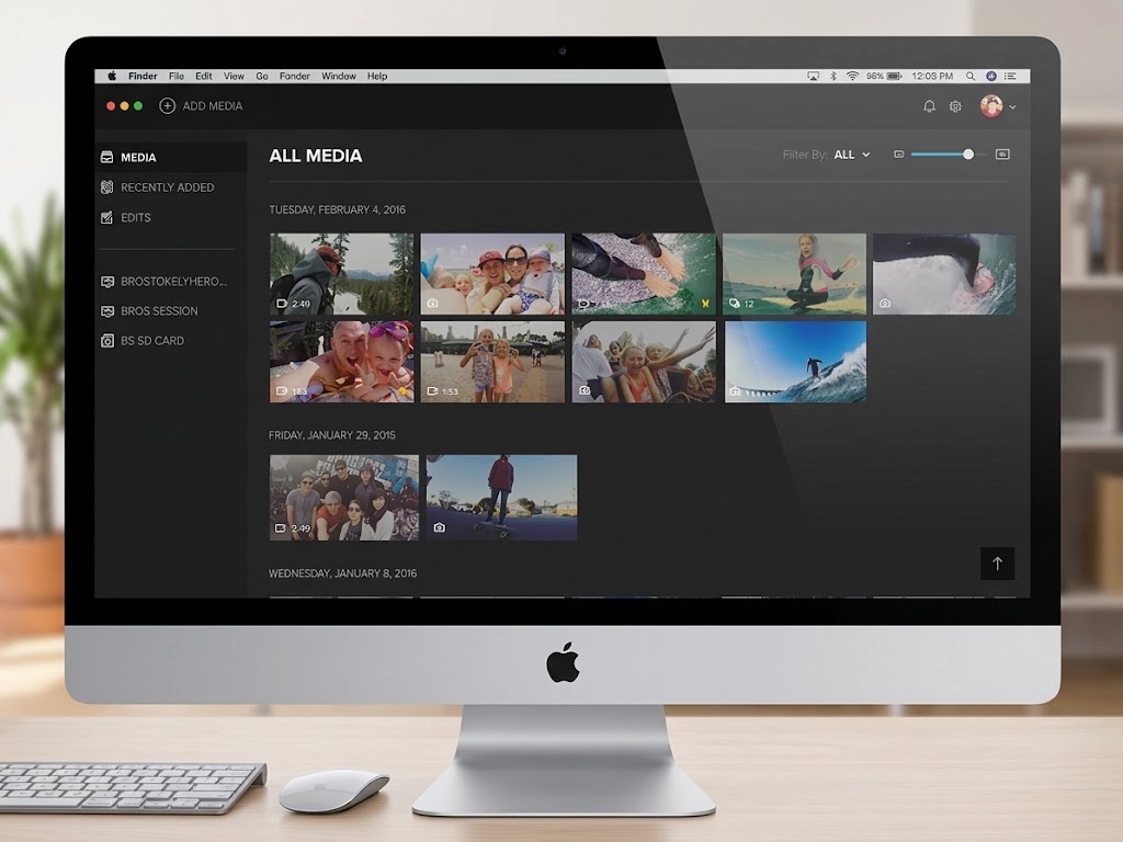 GoPro desktop app — the media library of clips and edits