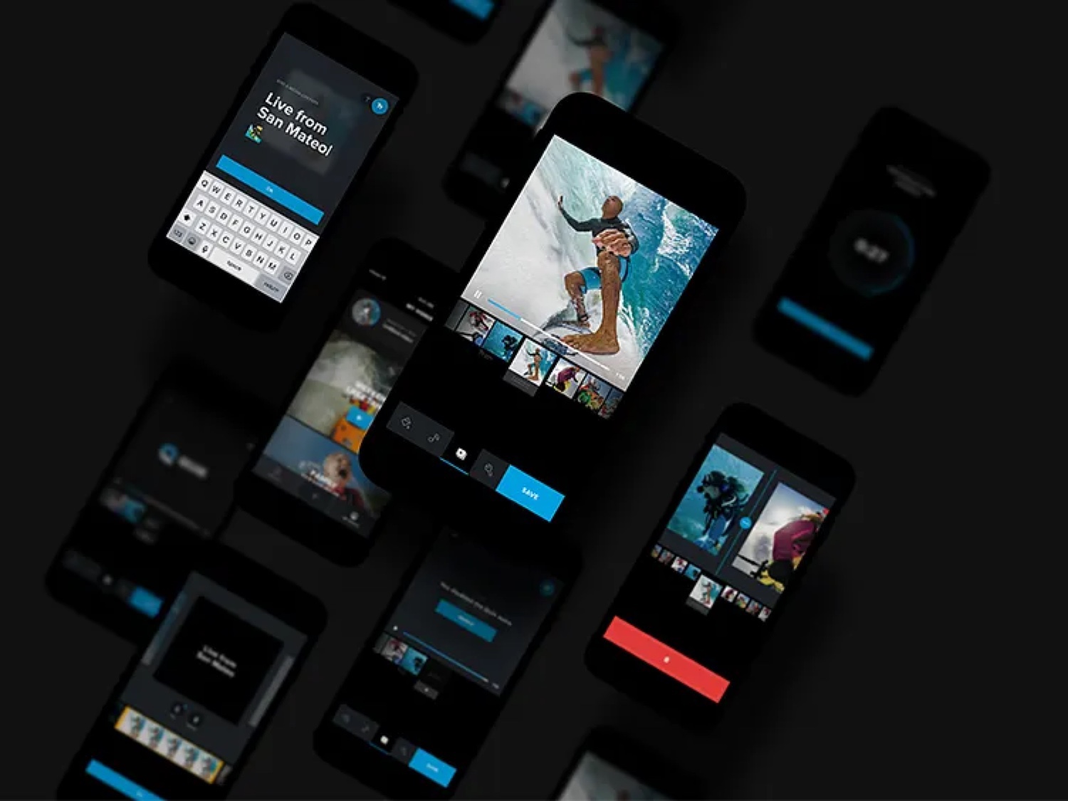 GoPro mobile editing app — POV clips of kayaking, surfing, and dirt biking