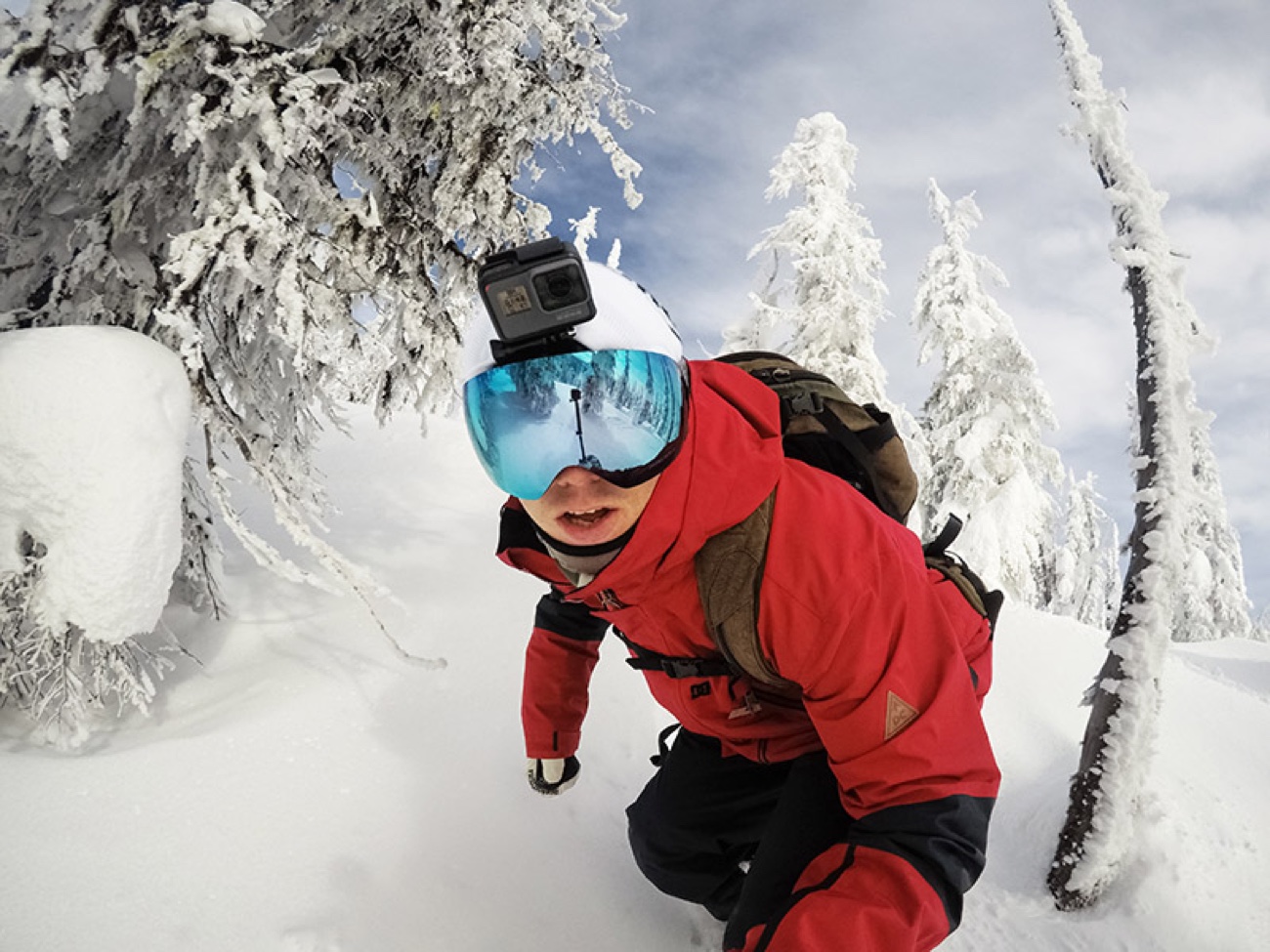 GoPro POV — snowboarding in fresh powder